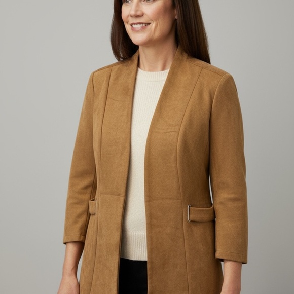 ✨ Faux Suede Open Front Blazer Coat – Camel Brown, Size L - Picture 4 of 9
